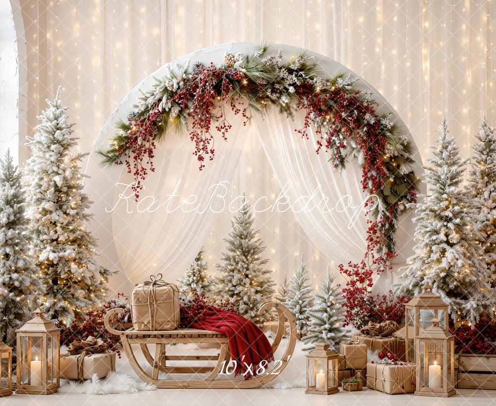 Kate Christmas White Circle Arch Drapes Sleigh Trees Lanterns Printed Backdrop Designed by Emetselch
