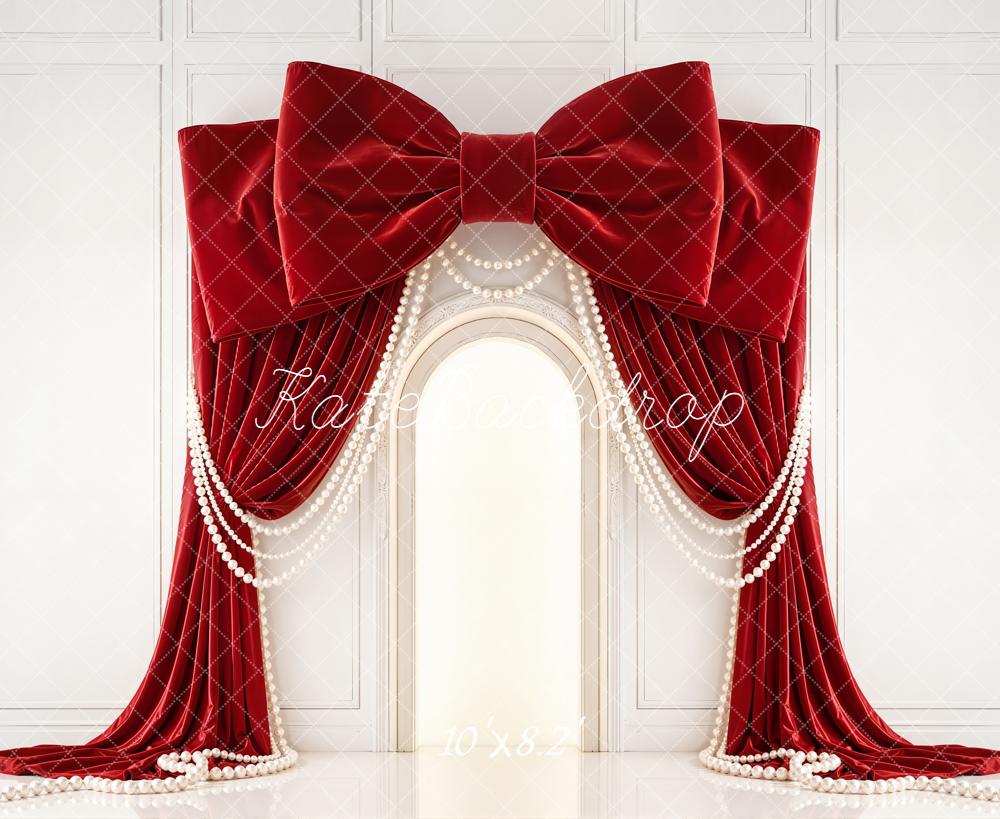 Kate Red Bow Drapes Pearls Arch Wall Backdrop Designed by Emetselch