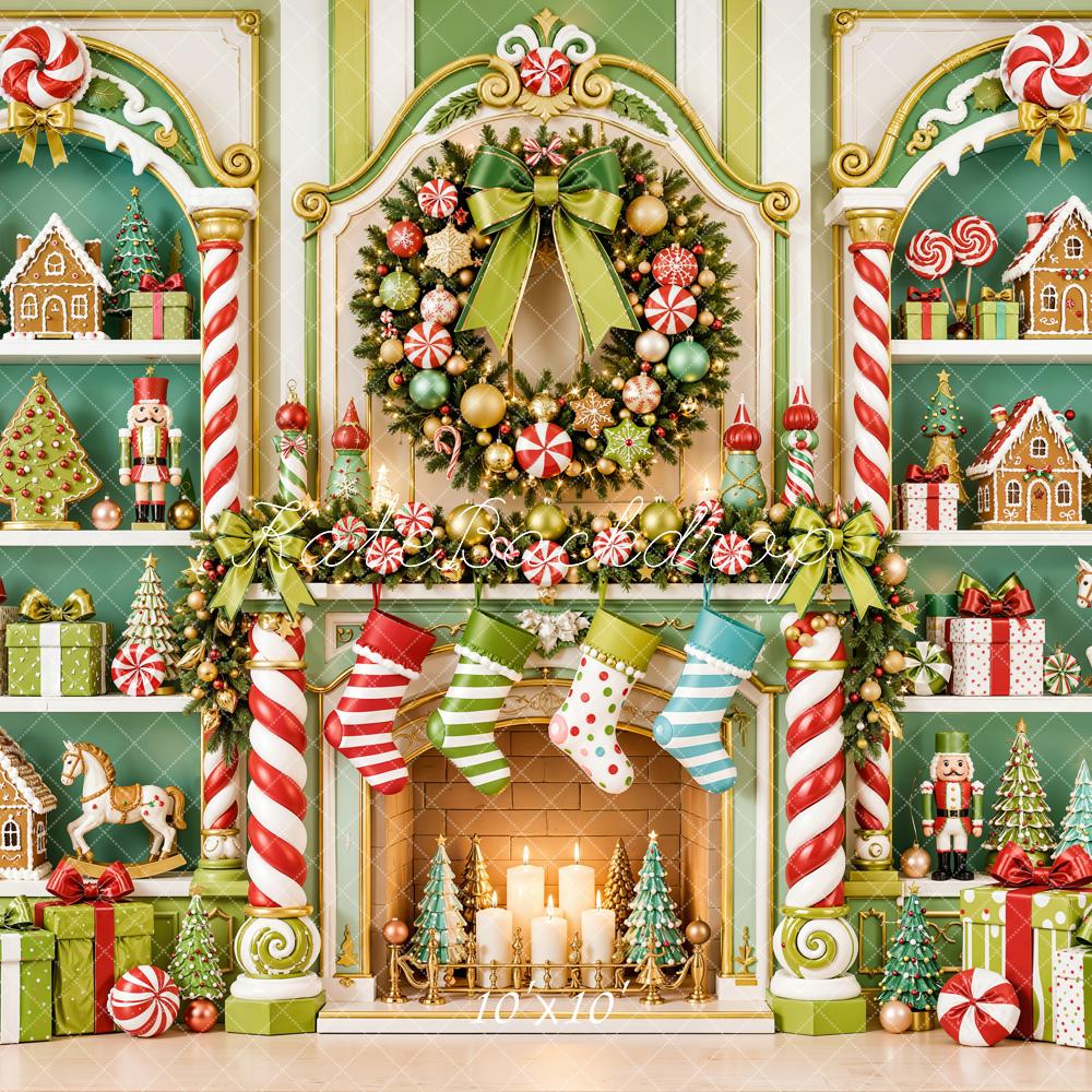 Kate Christmas Fireplace Fantasy Green Toys Shelves Candy Cane Wreath Printed Backdrop Designed by Emetselch