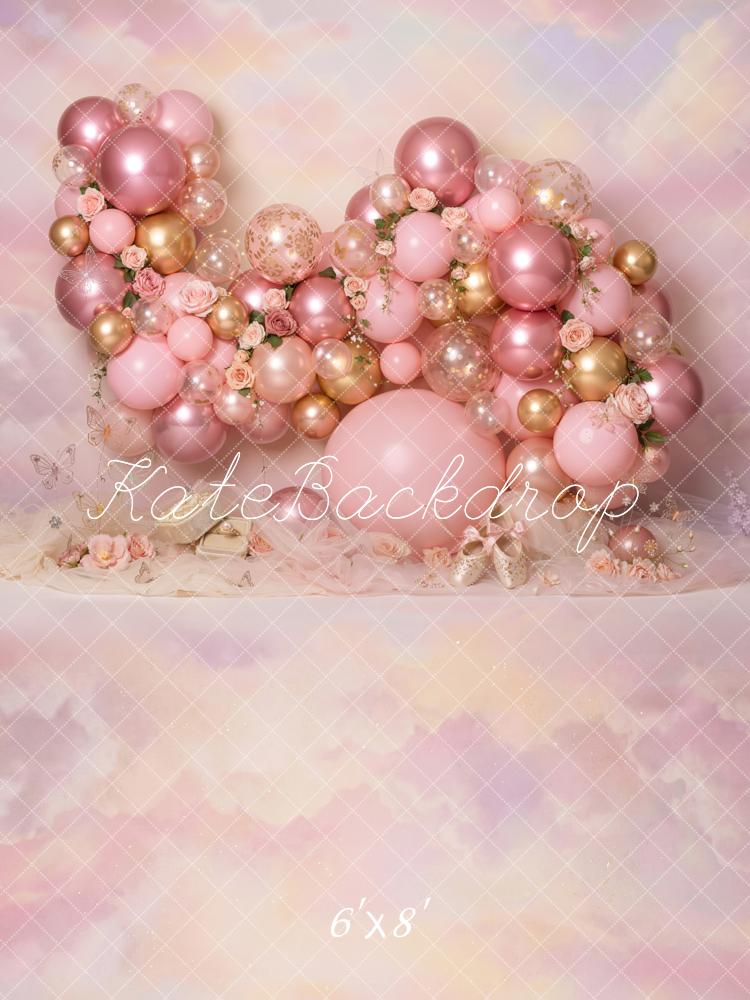 Kate Cake Smash Pink Balloon Garland Roses Pastel Printed Backdrop Designed by Emetselch