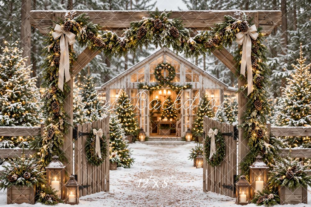 Kate Christmas Rustic Snowy Cabin Garland Archway Woodland Printed Backdrop Designed by Emetselch