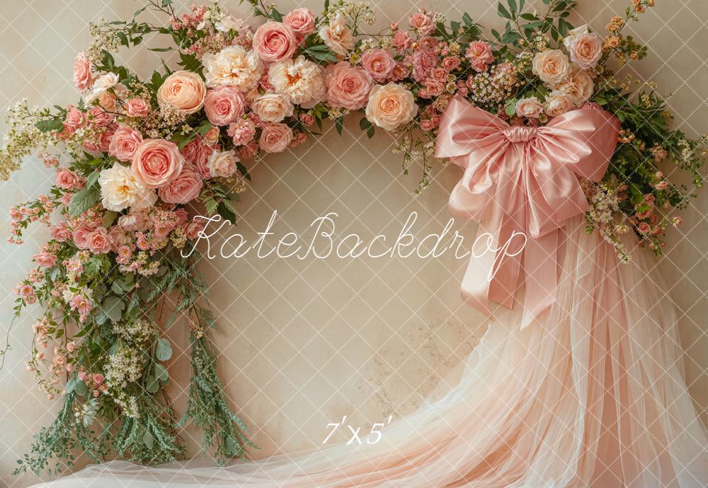 Kate Spring Flower Arch Pink Roses Satin Bow Tulle Backdrop Designed by Emetselch