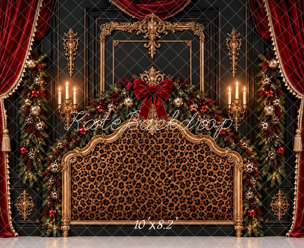 Kate Christmas Leopard Print Headboard Red Curtain Ornate Frame Printed Backdrop Designed by Ashley Paul