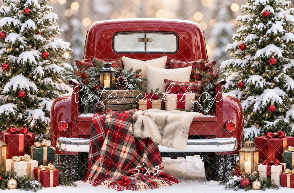 Kate Christmas Red Vintage Truck Snowy Trees Plaid Blanket Printed Backdrop Designed by Emetselch