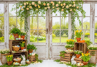 Kate Easter Bunny Eggs Flower Crates Rustic Window Printed Backdrop Designed by Patty Roberts