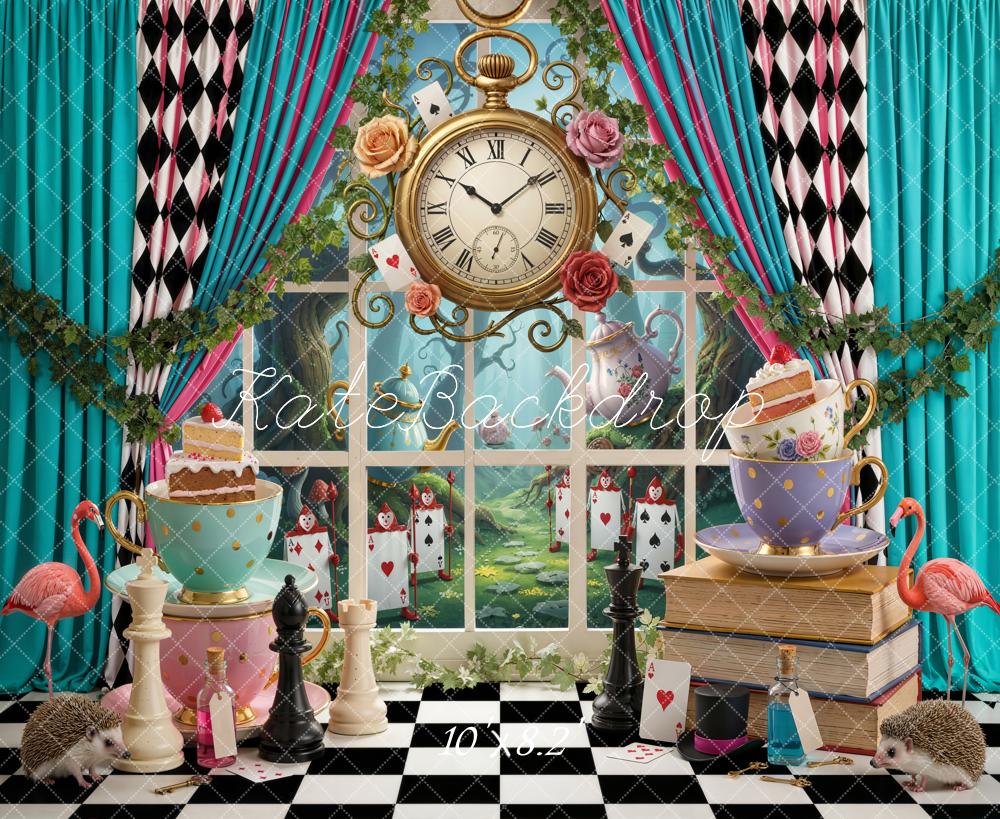 Kate Wonderland Tea Party Clock Chess Playing Cards Printed Backdrop Designed by Emetselch