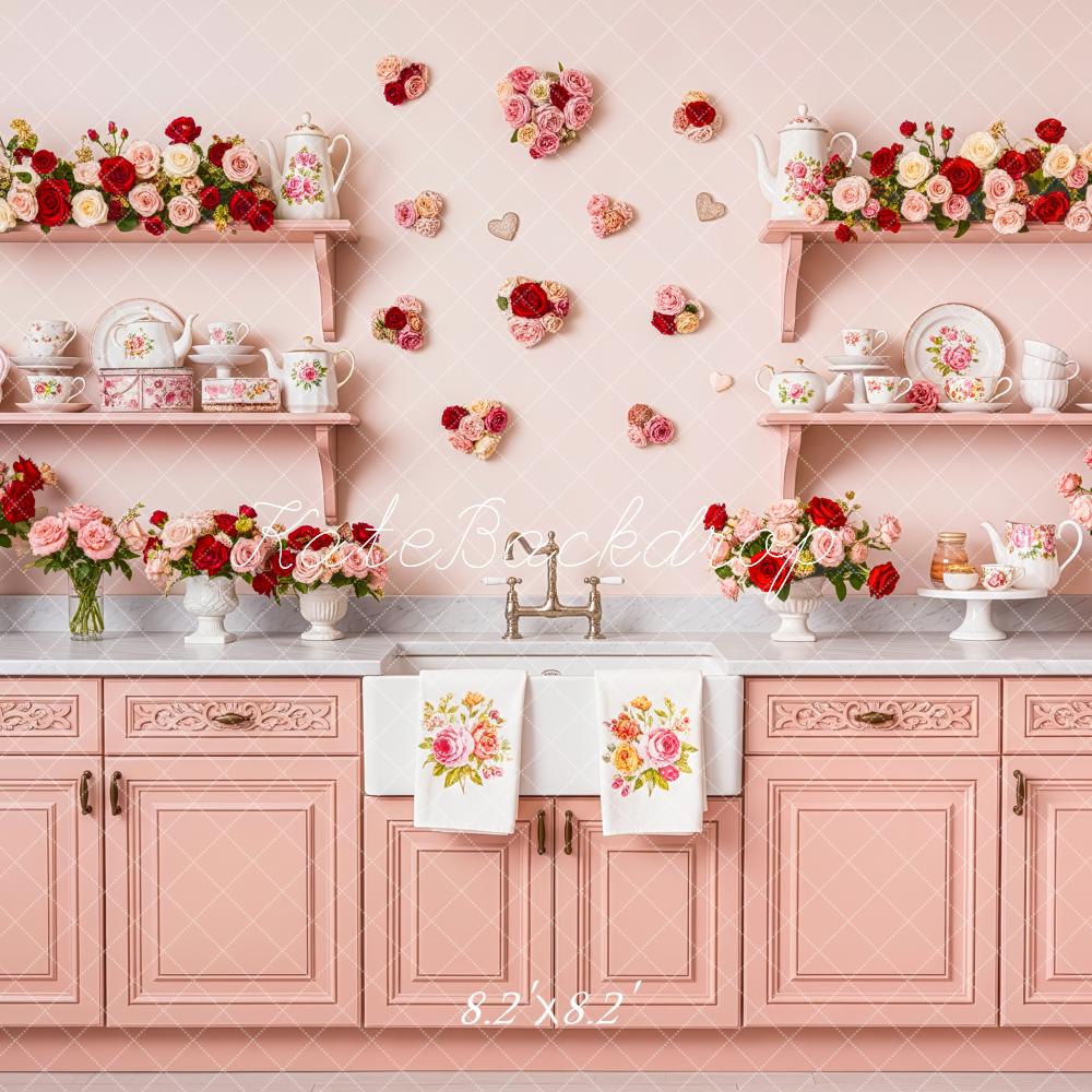 Kate Valentine's Day Pink Flower Arch Kitchen Cabinets and Shelves Printed Backdrop Designed by Patty Roberts