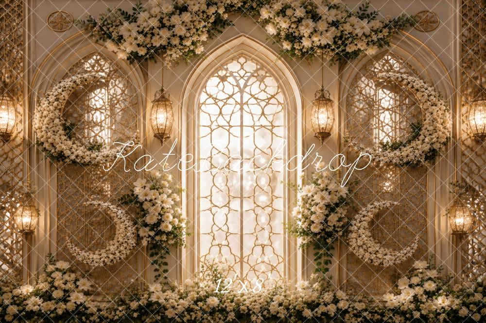 Kate Celestial Crescent Moon Floral Arch Window Printed Backdrop Designed by Vertigo Productions