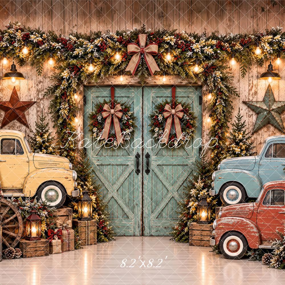 Lightning Deal Kate Christmas Vintage Trucks Barn Door Wreaths Garland Rustic Printed Backdrop Designed by Laura Bybee