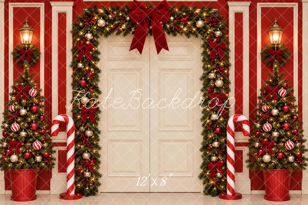 Kate Christmas Door Garland Arch Trees Red Wall Printed Backdrop Designed by Vertigo Productions