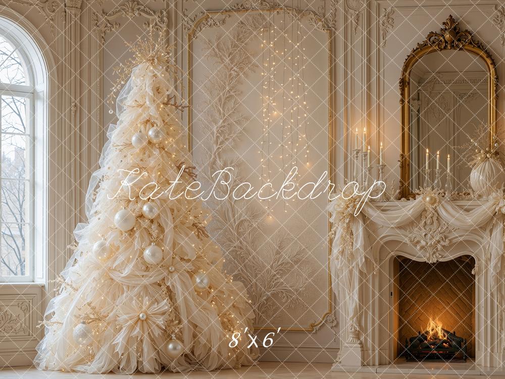 Kate Christmas Tree Luxury Ivory Tulle Fireplace Mirror Printed Backdrop Designed by Shutter Swan Studios