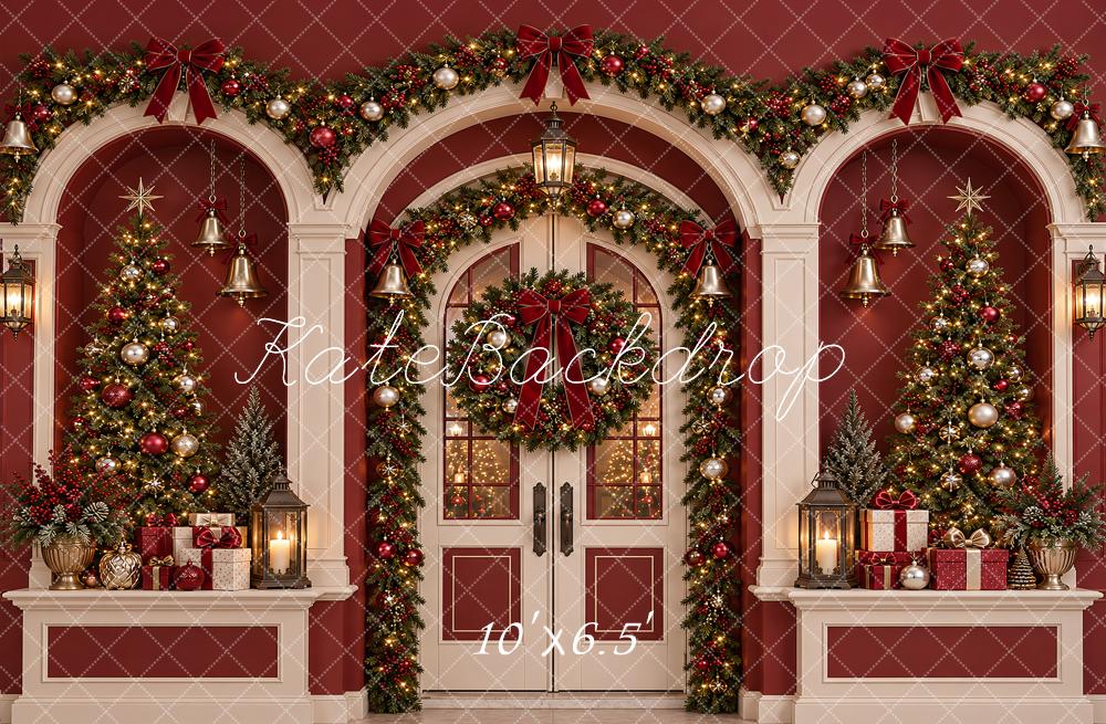 Kate Christmas Red Doorway Arch Garland Wreath Bells Printed Backdrop Designed by Vertigo Productions