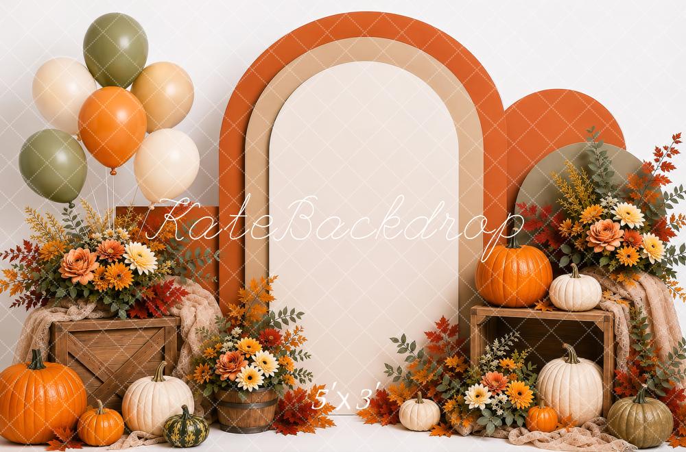 Kate Fall Cake Smash Pumpkins Floral Arch Balloons Printed Backdrop Designed by Shutter Swan Studios
