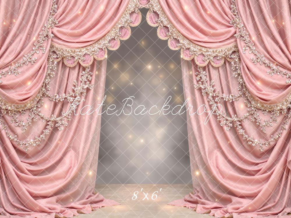 Kate Pink Draped Curtains with Floral Embellishments Printed Backdrop Designed by Mini MakeBelieve