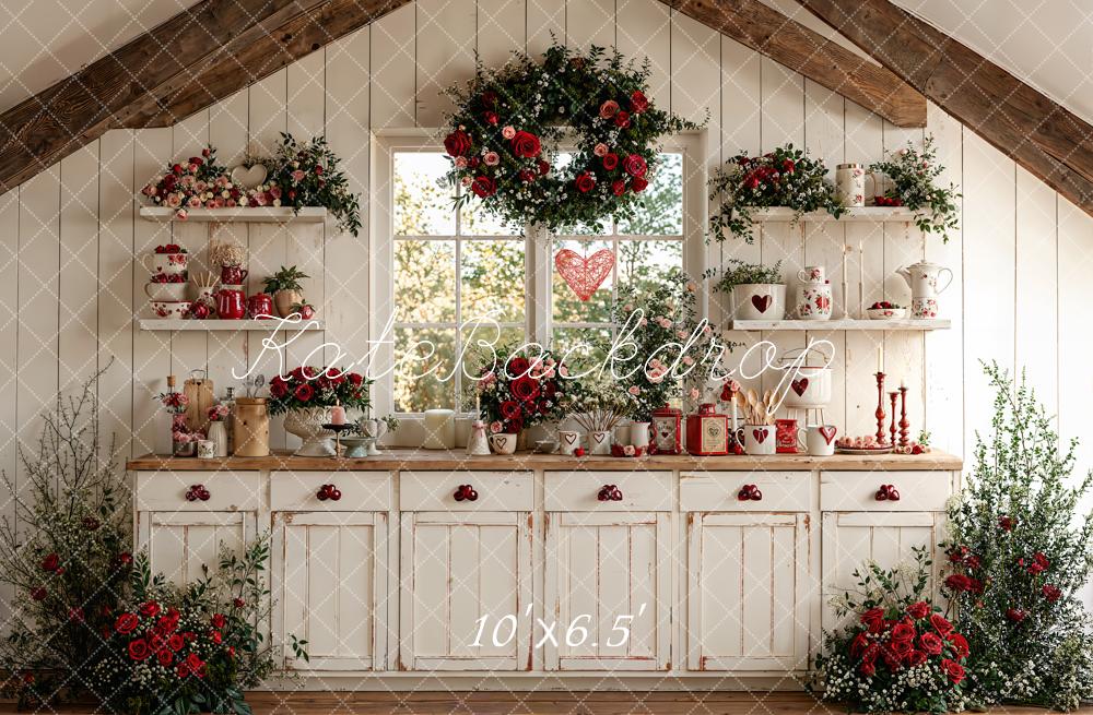Kate Valentine's Day Rustic White Kitchen Red Roses Window Backdrop Designed by Emetselch