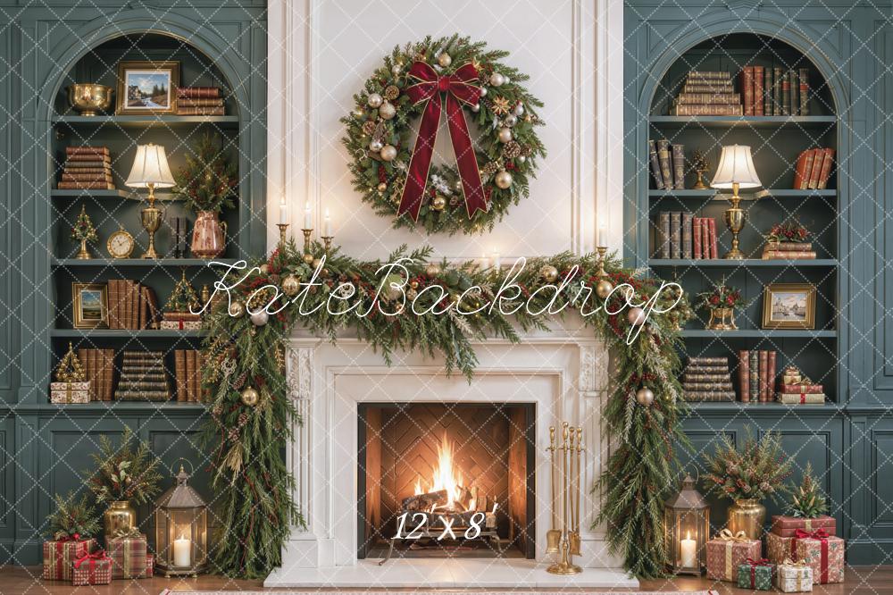 Kate Christmas Fireplace Bookshelves Wreath Gifts Printed Backdrop Designed by Emetselch