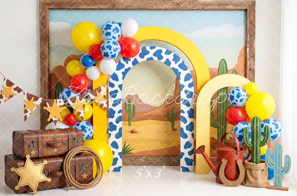 Kate Cake Smash Western Cow Arch Cactus Balloons Printed Backdrop Designed by Mini MakeBelieve