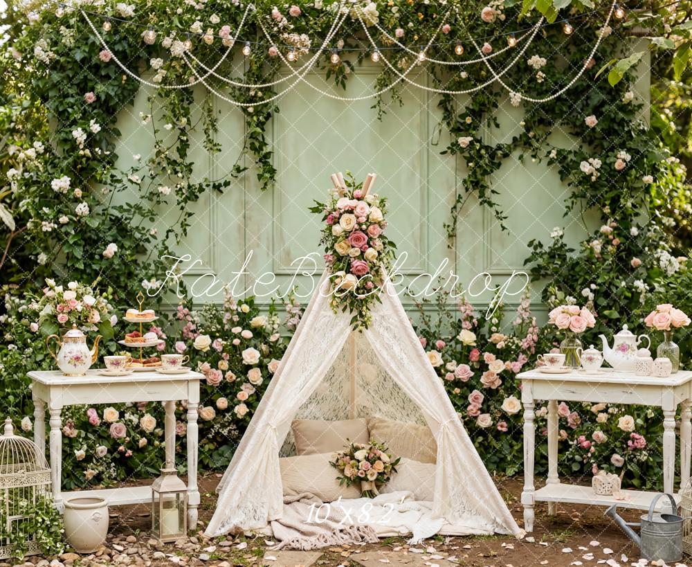 Kate Fairy Garden Flower Arch Tea Party Printed Backdrop Designed by Patty Roberts