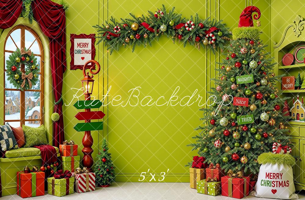 Kate Christmas Elf Green Tree Garland Window Shelf  Printed Backdrop Designed by Shutter Swan Studios