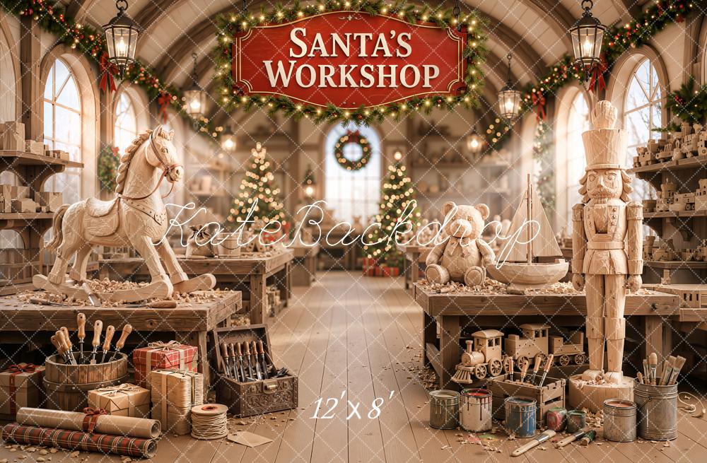 Kate Christmas Santa Workshop Wooden Toys Nutcracker Printed Backdrop Designed by Emetselch