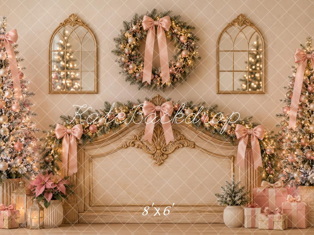 Kate Christmas Headboard Wreath Trees Ribbon Bows Printed Backdrop Designed by Megan Leigh Photography