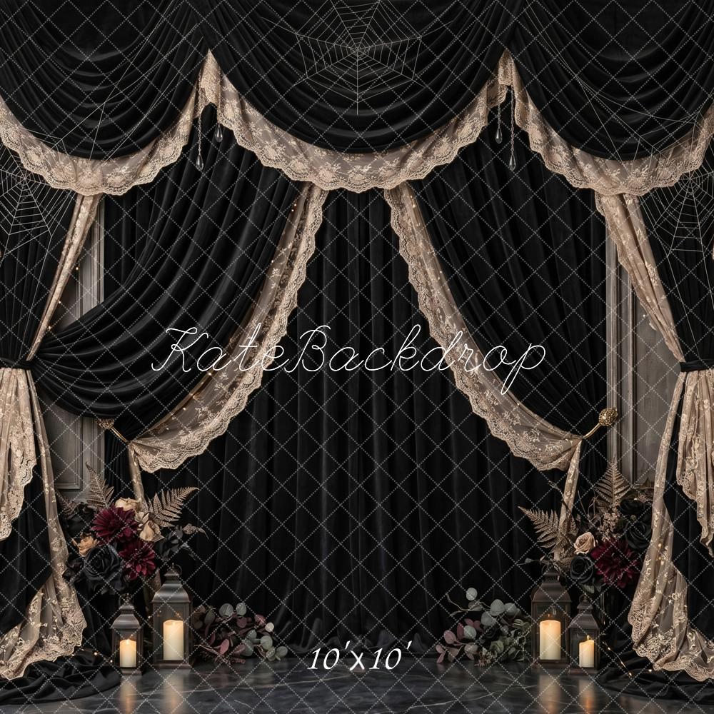 Kate Halloween Gothic Black Lace Victorian Mourning Drapery Printed Backdrop Designed by Patty Roberts