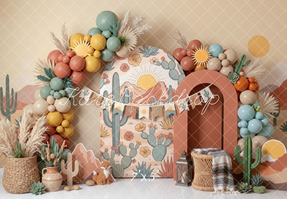 Kate Cake Smash Boho Desert Cactus Sun Balloons Printed Backdrop Designed by Mini MakeBelieve