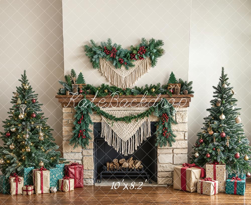 Kate Christmas Tree Fireplace Boho Macrame Garland Presents Backdrop Designed by Emetselch