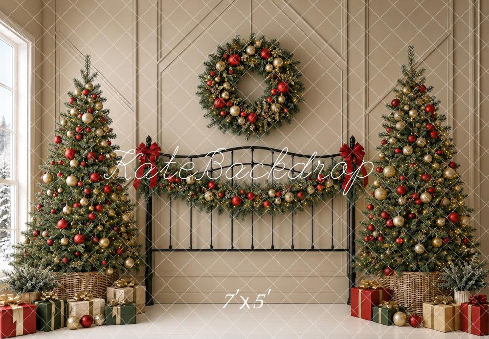 Kate Christmas Headboard Trees Wreath Garland Beige Wall Printed Backdrop Designed by Shutter Swan Studios