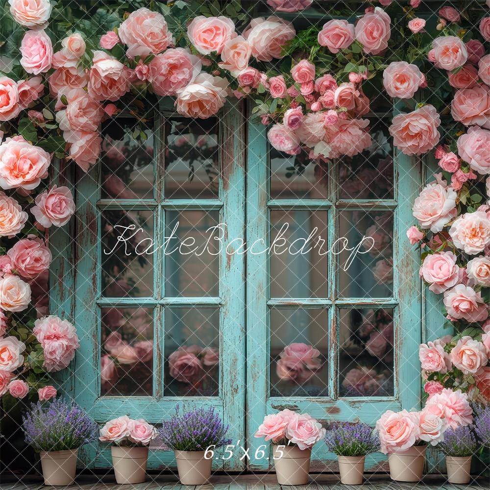 Kate Spring Teal Double Doors Pink Roses Backdrop Designed by Mini MakeBelieve