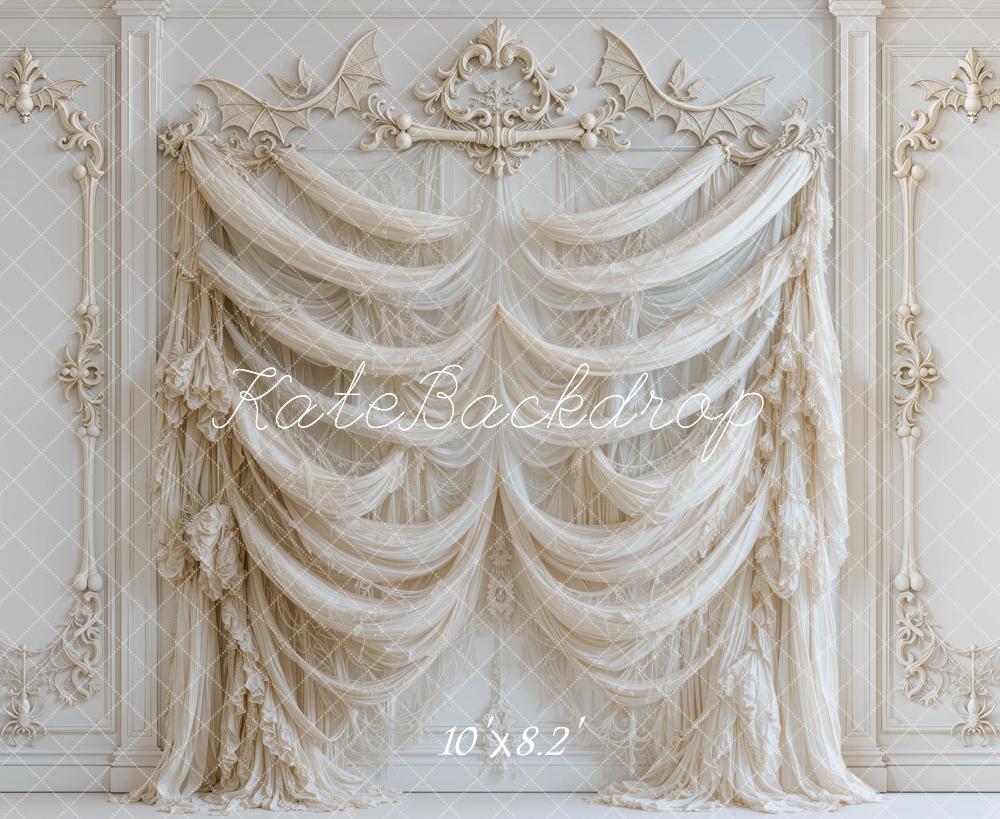 Kate Halloween Ivory Drapery Ornate Bone Wall Printed Backdrop Designed by Mini MakeBelieve