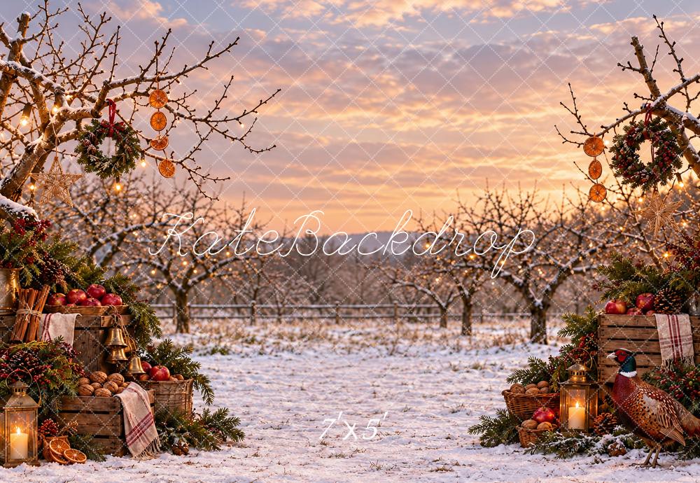 Kate Christmas Snowy Apples Orchard Wreaths Printed Backdrop Designed by Vertigo Productions