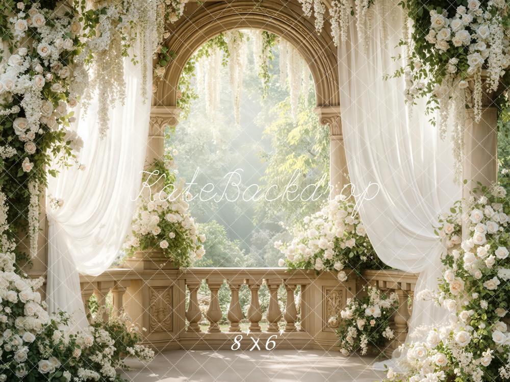 Kate Spring Flower Arch White Roses Draped Curtains Balcony Printed Backdrop Designed by Emetselch
