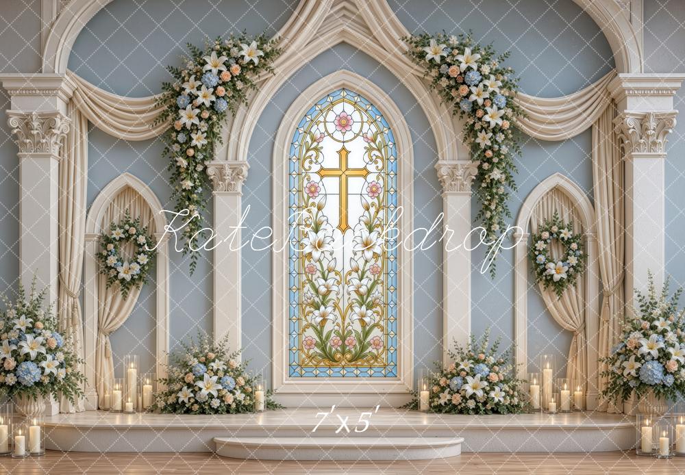 Kate Christian Church Sanctuary Stained Glass Cross Floral Printed Backdrop Designed by Ashley Ward