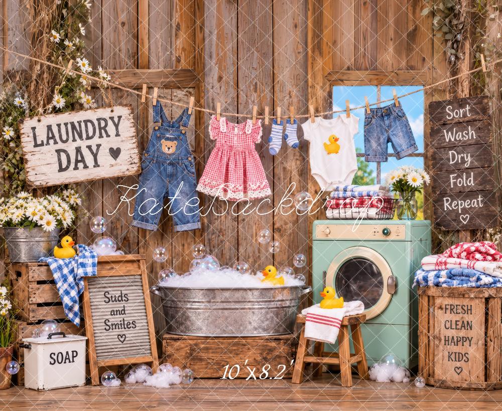 Kate Rustic Laundry Day Kids Clothesline Washing Machine Printed Backdrop Designed by Laura Bybee
