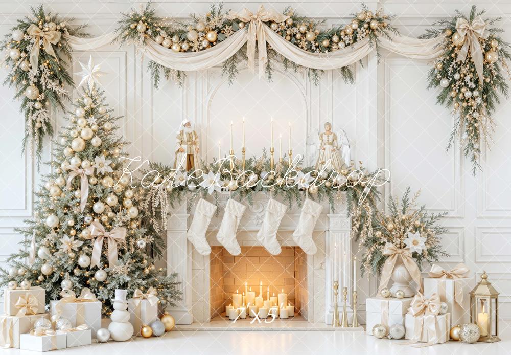 Kate Christmas White Gold Tree Mantel Fireplace Garland Printed Backdrop Designed by Mini MakeBelieve