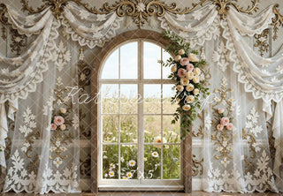 Kate Spring Arched Window Floral Lace Drapes Printed Backdrop Designed by Mini MakeBelieve