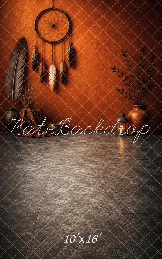 Kate Sweep Boho Dreamcatcher Feathers Orange Wall Printed Backdrop Designed by Vertigo Productions