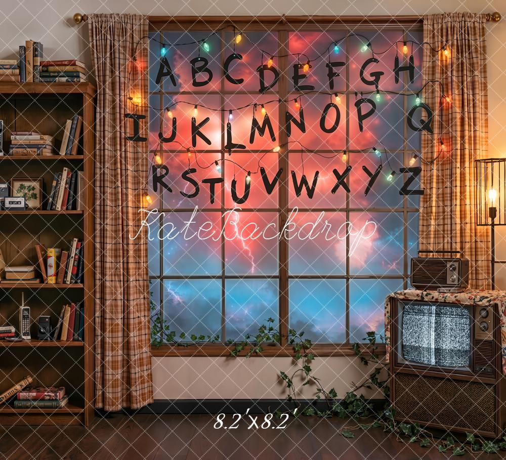 Kate Retro Living Room Alphabet String Lights Window Printed Backdrop Designed by Emetselch