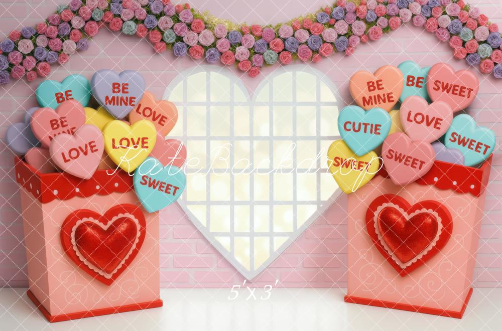 Kate Valentine's Day Candy Hearts Heart Window Flower Garland Backdrop Designed by Mini MakeBelieve