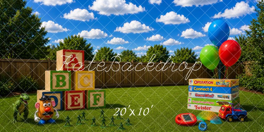 Kate Kids Backyard Toys Balloons Blocks Board Games Printed Backdrop Designed by Megan Leigh Photography