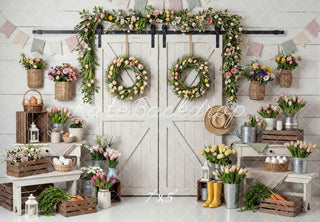 Kate Spring Tulip Wreath Barn Door Printed Backdrop Designed by Mini MakeBelieve