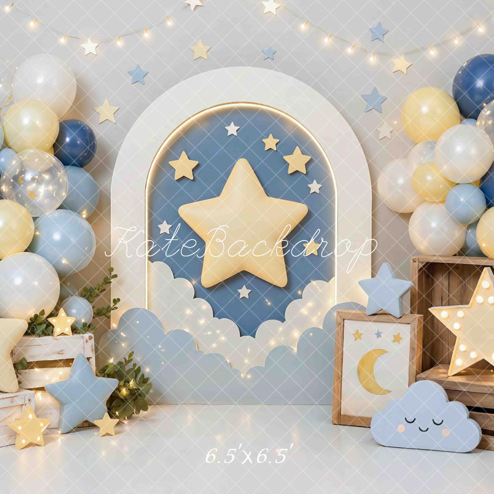 Kate Cake Smash Star Arch Balloons Clouds Blue Yellow Printed Backdrop Designed by Mini MakeBelieve