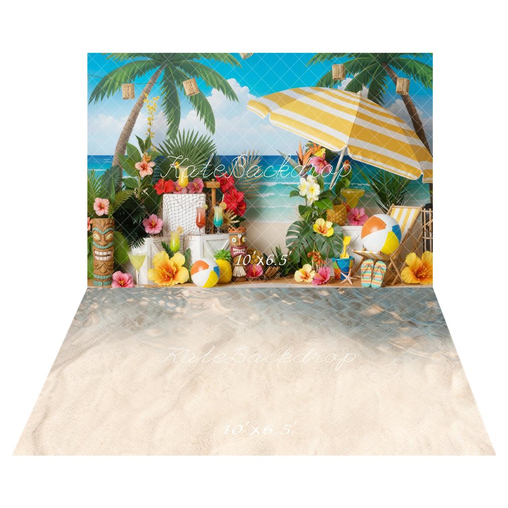 Kate Summer Beach Palm Trees Tropical Flowers Umbrella Backdrop+Summer Blue Sea Beach Wave Sand Floor Backdrop