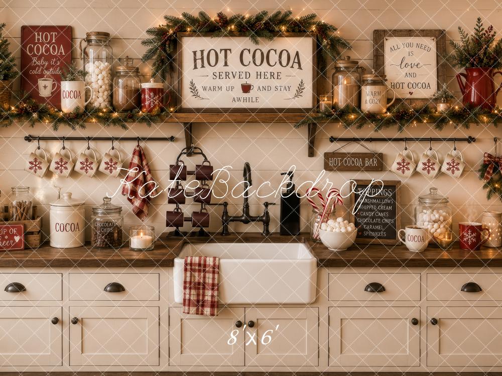 Kate Christmas Hot Cocoa Bar Rustic Kitchen Cabinet Printed Backdrop Designed by Megan Leigh Photography