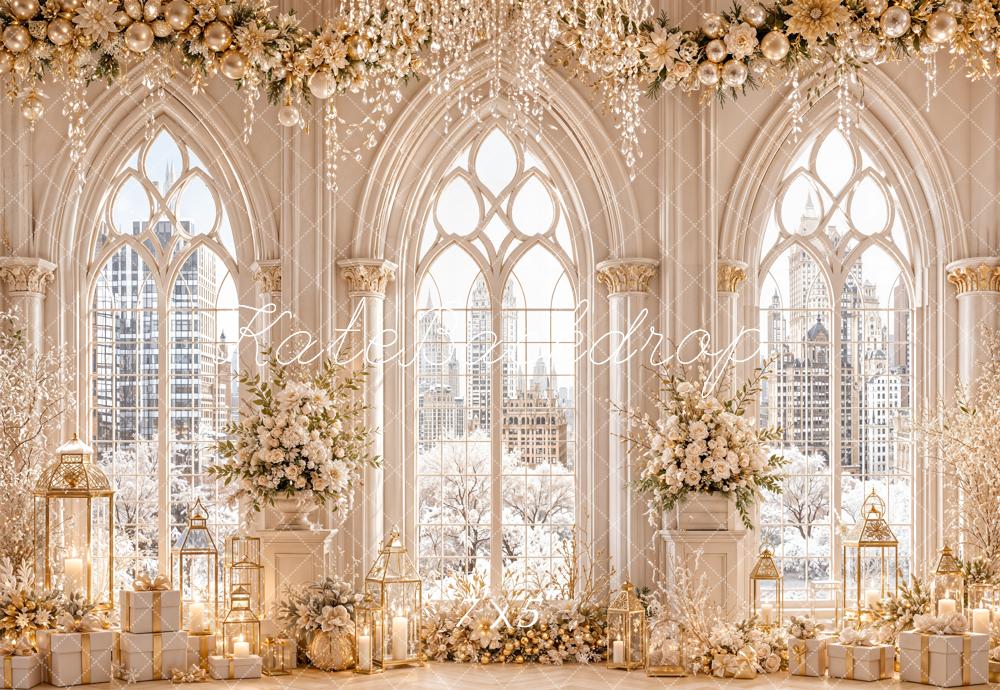 Kate Christmas Luxury White Floral Arched Windows Winter Cityscape Printed Backdrop Designed by Emetselch