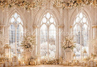 Kate Christmas Luxury White Floral Arched Windows Winter Cityscape Printed Backdrop Designed by Emetselch