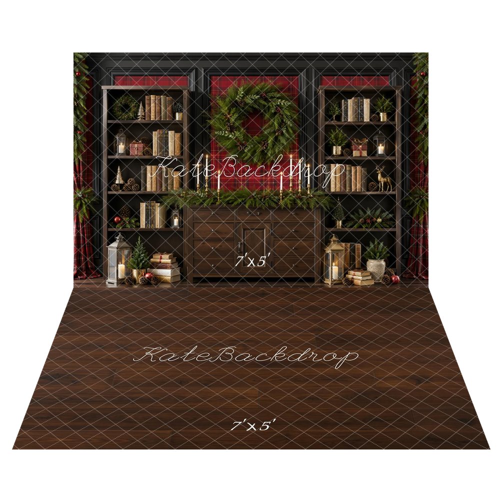 Kate Christmas Black Library Bookshelves Wreath Cabinet Printed Backdrop+Dark Brown Wood Floor Backdrop Printed Backdrop