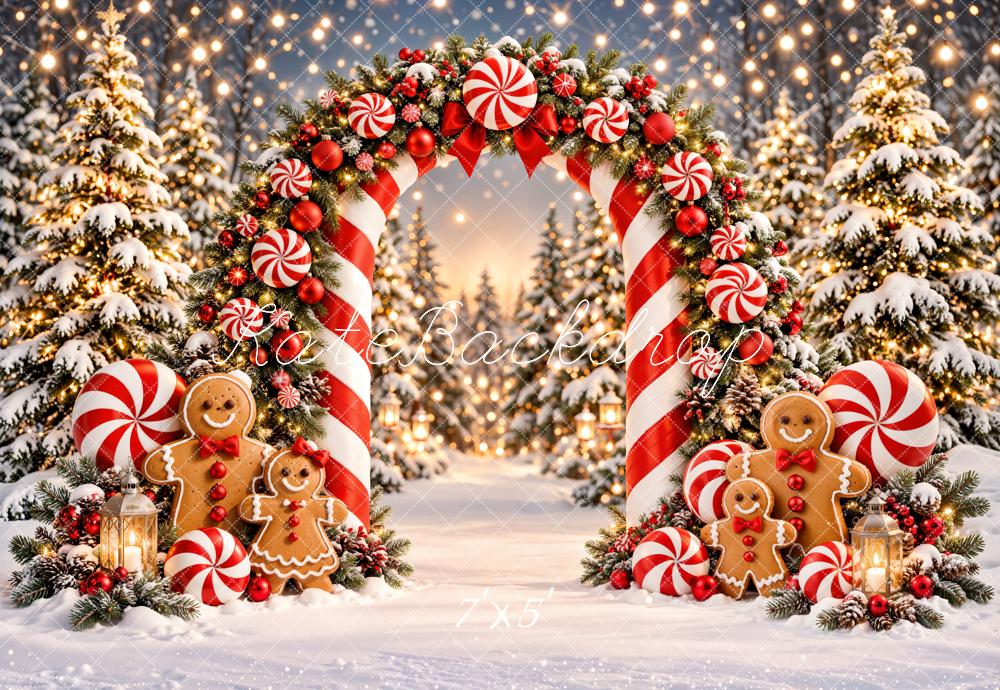 Kate Christmas Candy Cane Arch Gingerbread Snowy Forest Printed Backdrop Designed by Emetselch