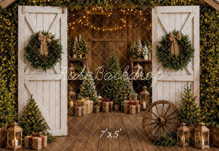 Lightning Deal Kate Christmas White Barn Doors Wreaths Trees Rustic Lanterns Printed Backdrop Designed by Emetselch